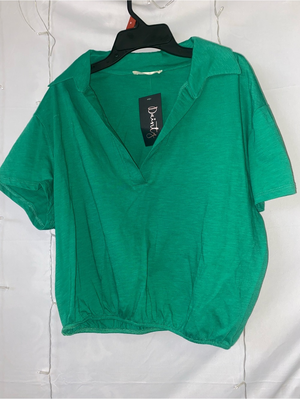 Green Short-Sleeve Collared V-Neck Top